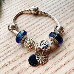 Pandora Charm Bracelet Set | Blue Galaxy / Stars Theme Sterling Silver Bracelet
